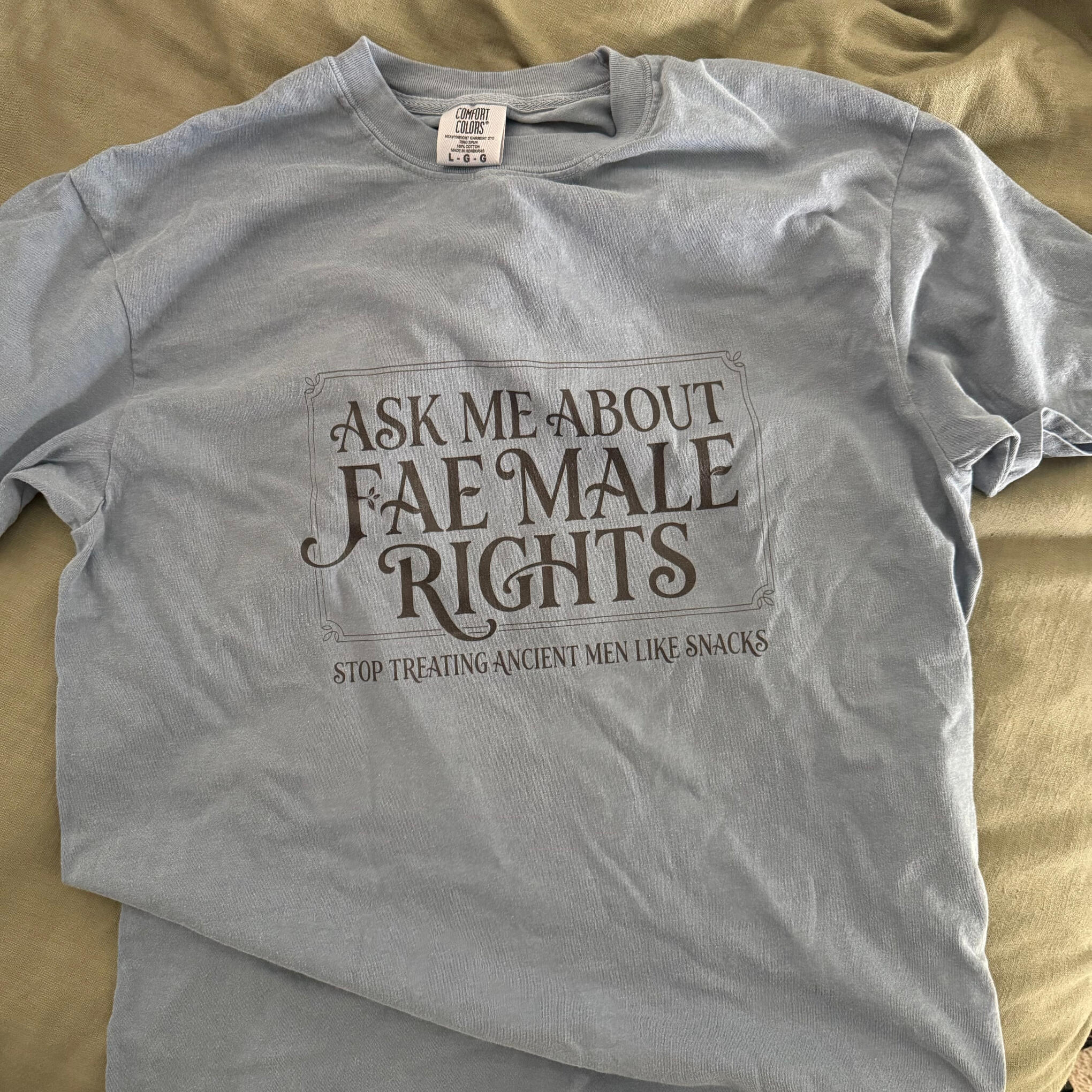 Ask Me About Fae Male Rights Shirt | Romantasy Reader Tee Blue jean garment-dyed heavyweight t-shirt with a white Fae Male Rights crest and bold text reading “Ask Me About Fae Male Rights.”