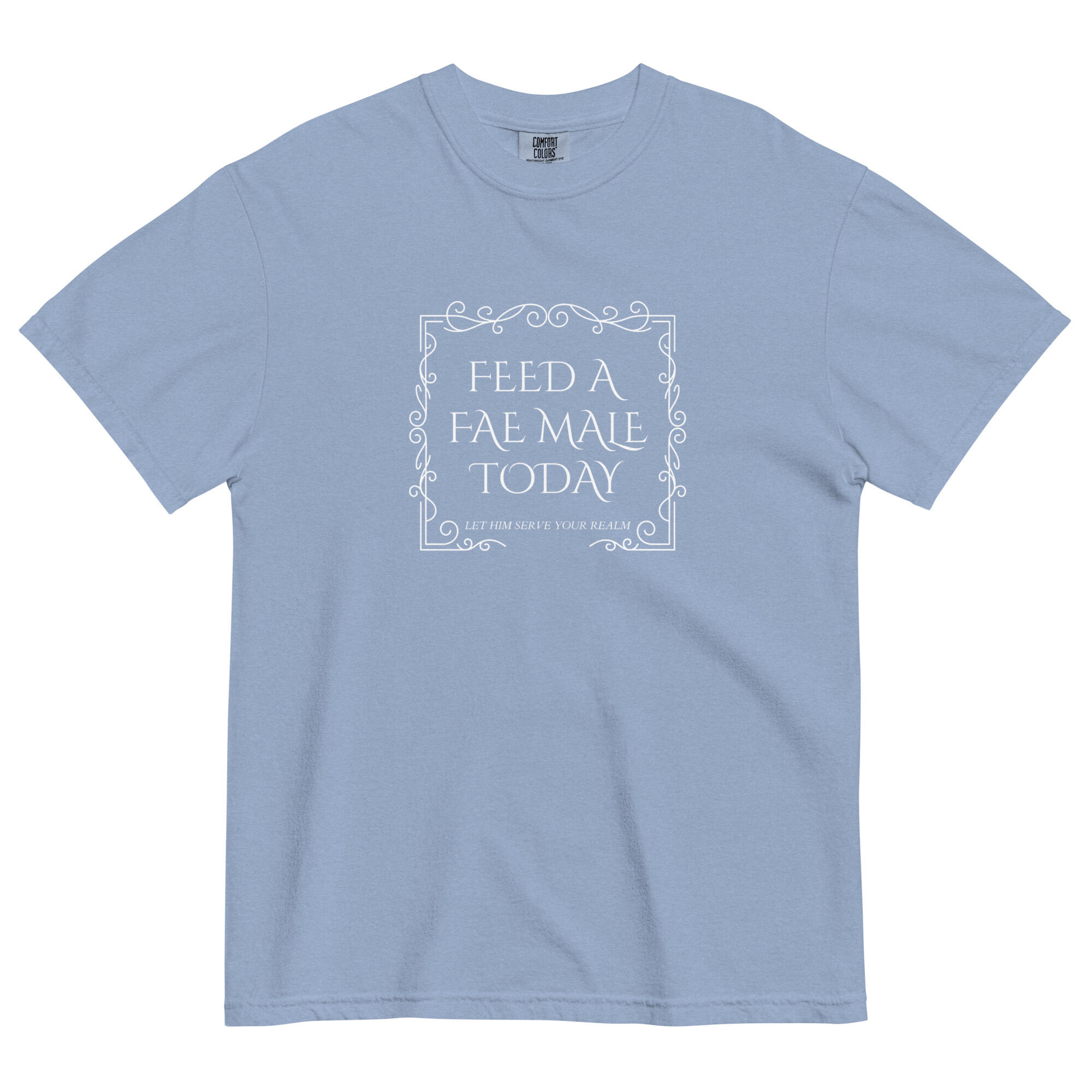 Give A Male Fae Something to Eat Shirt | Spicy Romantasy Reader Tee Crimson Comfort Colors T-shirt featuring a black ornate square frame design with the text “Feed a Fae Male Today” and the smaller tagline “Let Him Serve Your Realm” printed on the front.